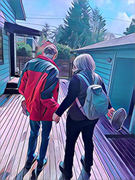 prisma filter JR and Joey hold hands red coat gray backpack