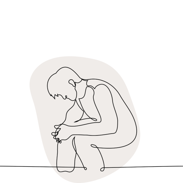 left facing slumped man sitting continuous line drawing beige blob background