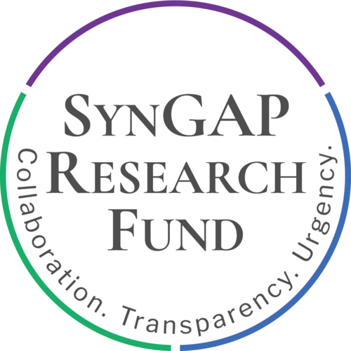SynGAP Research Fund logo, round, Collaboration, Transparency, Urgency Purple Green and Blue